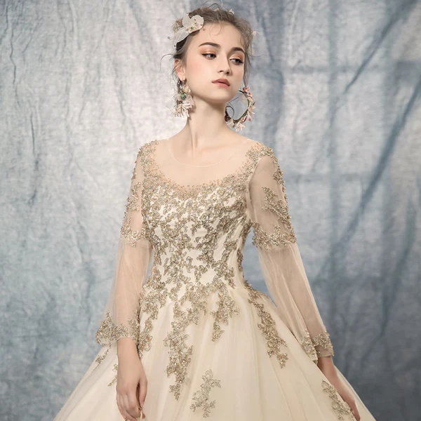Vintage / Retro Champagne See-through Wedding Dresses 2019 A-Line / Princess Scoop Neck Long Sleeve Backless Appliques Lace Beading Chapel Train Ruffle
