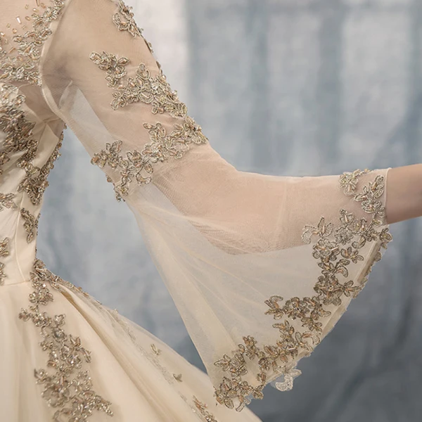 Vintage / Retro Champagne See-through Wedding Dresses 2019 A-Line / Princess Scoop Neck Long Sleeve Backless Appliques Lace Beading Chapel Train Ruffle