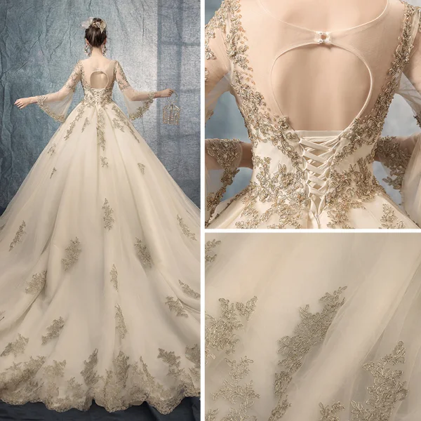 Vintage / Retro Champagne See-through Wedding Dresses 2019 A-Line / Princess Scoop Neck Long Sleeve Backless Appliques Lace Beading Chapel Train Ruffle