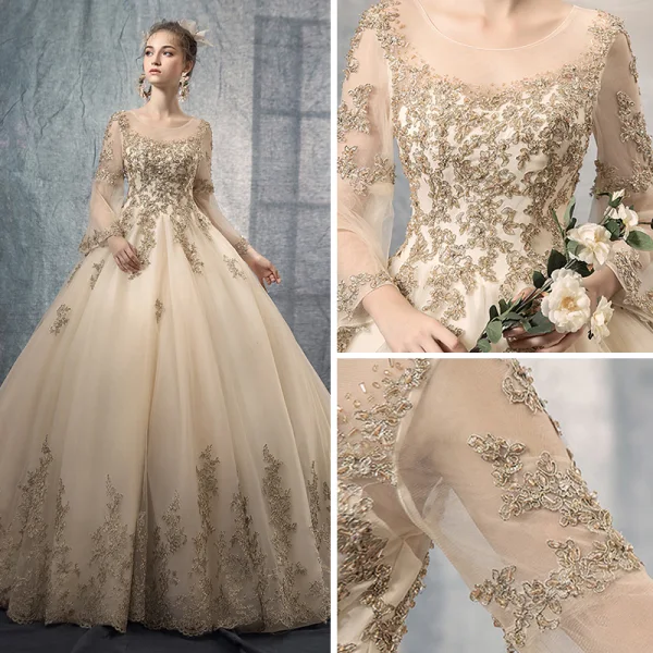 Vintage / Retro Champagne See-through Wedding Dresses 2019 A-Line / Princess Scoop Neck Long Sleeve Backless Appliques Lace Beading Chapel Train Ruffle
