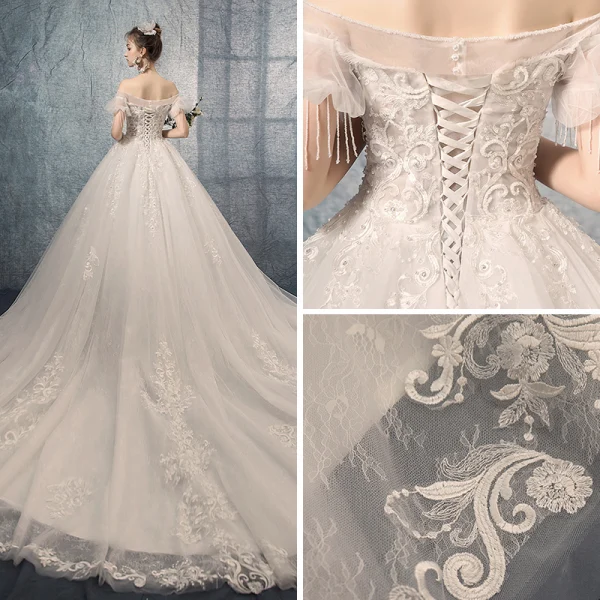 Luxus / Herrlich Ivory / Creme Brautkleider / Hochzeitskleider 2019 A Linie Off Shoulder Geschwollenes Kurze Ärmel Rückenfreies Applikationen Spitze Perlenstickerei Quaste Kapelle-Schleppe Rüschen