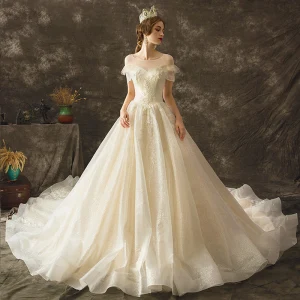 Élégant Champagne Transparentes Robe De Mariée 2019 Princesse Encolure Dégagée Manches Courtes Dos Nu Appliques En Dentelle Glitter Tulle Chapel Train Volants