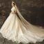 Élégant Champagne Transparentes Robe De Mariée 2019 Princesse Encolure Dégagée Manches Courtes Dos Nu Appliques En Dentelle Glitter Tulle Chapel Train Volants