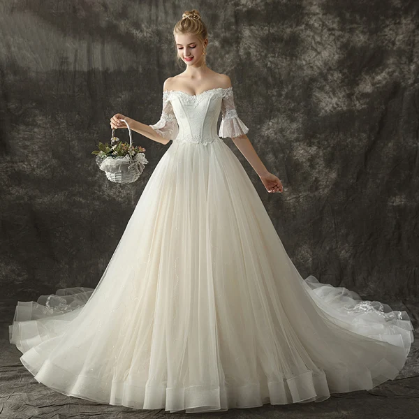 Elegant Champagne Wedding Dresses 2019 A-Line / Princess Off-The-Shoulder 1/2 Sleeves Backless Appliques Lace Glitter Tulle Chapel Train Ruffle