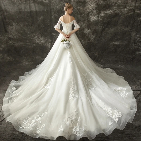 Elegant Champagne Wedding Dresses 2019 A-Line / Princess Off-The-Shoulder 1/2 Sleeves Backless Appliques Lace Glitter Tulle Chapel Train Ruffle