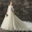 Elegant Champagne Wedding Dresses 2019 A-Line / Princess Off-The-Shoulder 1/2 Sleeves Backless Appliques Lace Glitter Tulle Chapel Train Ruffle