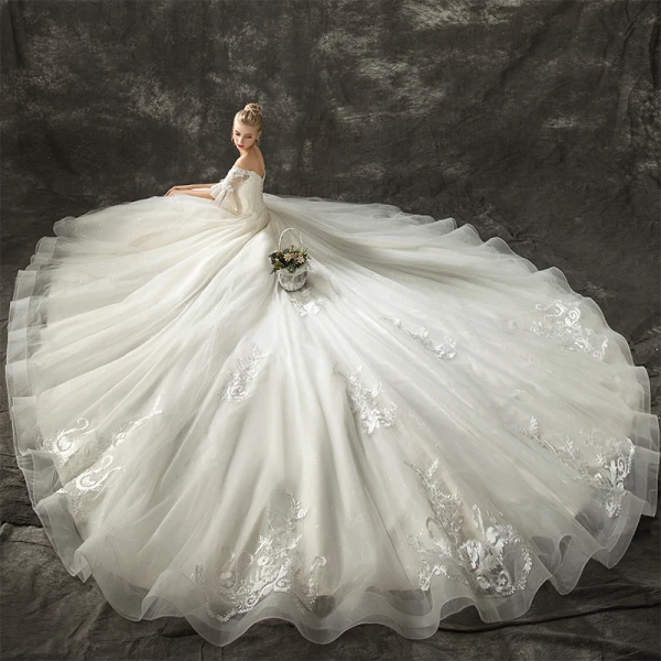 Elegant Champagne Wedding Dresses 2019 A-Line / Princess Off-The-Shoulder 1/2 Sleeves Backless Appliques Lace Glitter Tulle Chapel Train Ruffle
