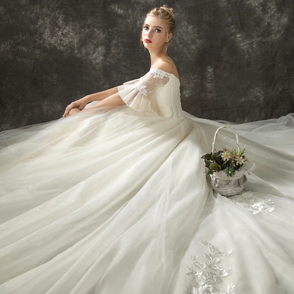 Elegant Champagne Wedding Dresses 2019 A-Line / Princess Off-The-Shoulder 1/2 Sleeves Backless Appliques Lace Glitter Tulle Chapel Train Ruffle