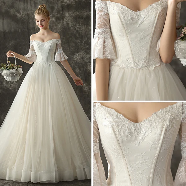 Elegant Champagne Wedding Dresses 2019 A-Line / Princess Off-The-Shoulder 1/2 Sleeves Backless Appliques Lace Glitter Tulle Chapel Train Ruffle