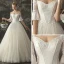 Elegant Champagne Wedding Dresses 2019 A-Line / Princess Off-The-Shoulder 1/2 Sleeves Backless Appliques Lace Glitter Tulle Chapel Train Ruffle