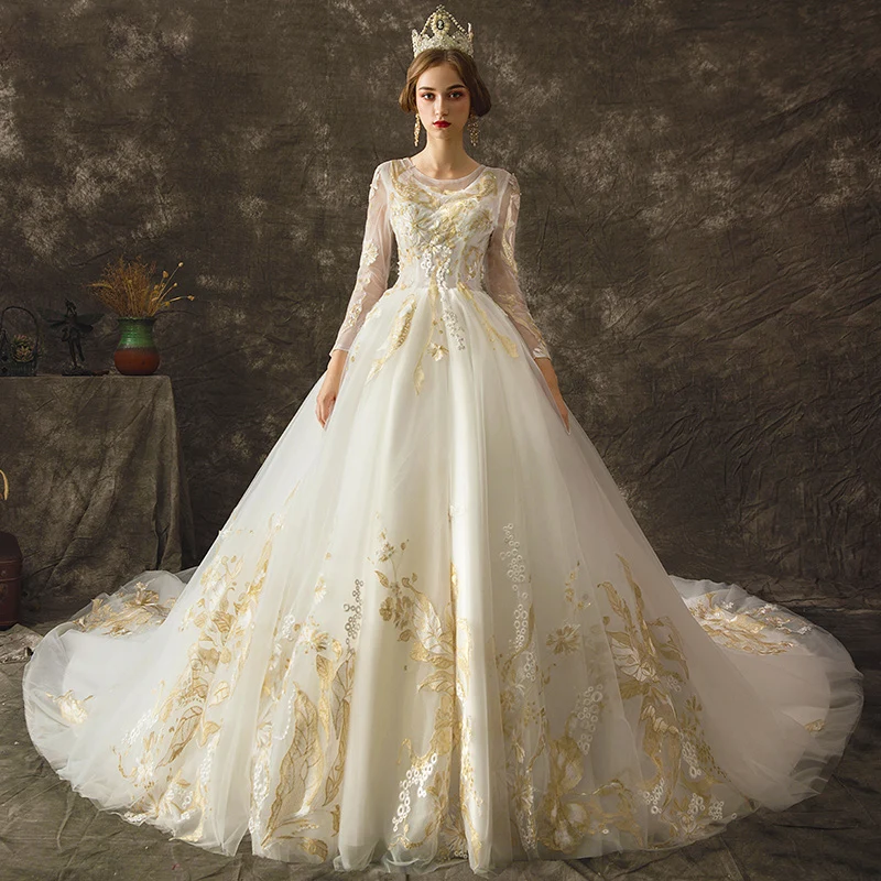 open lace back dress V Neck Tulle Princess Ball Gown Wedding Dress Long Sleeves Sequins Beaded main image 0