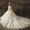 Elegant Ivory See-through Wedding Dresses 2019 A-Line / Princess Scoop Neck Long Sleeve Backless Gold Appliques Lace Chapel Train Ruffle