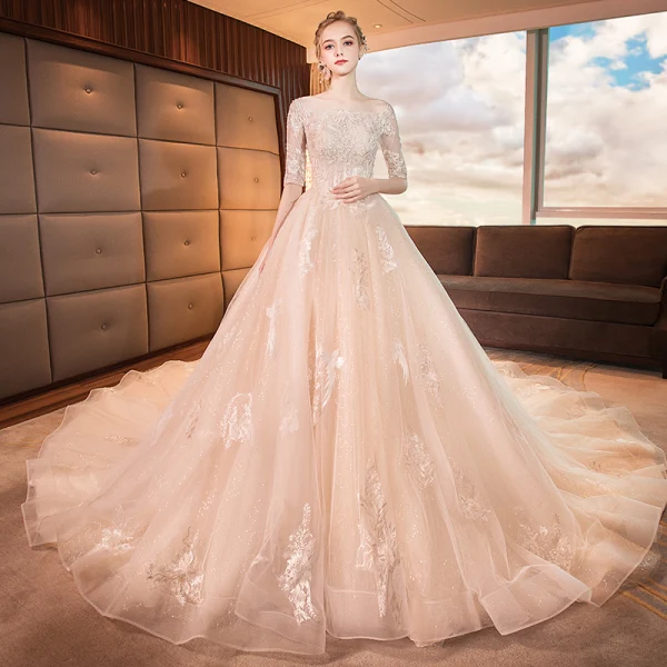 Luxury / Gorgeous Champagne Wedding Dresses 2019 A-Line / Princess Square Neckline 1/2 Sleeves Backless Appliques Lace Beading Glitter Tulle Cathedral Train Ruffle