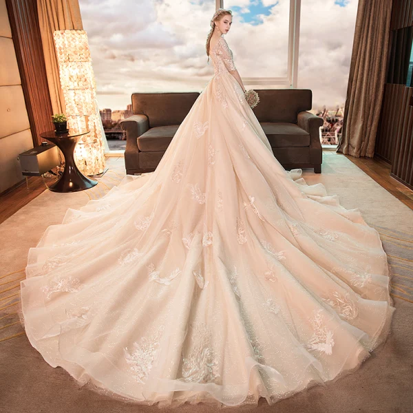 Luxury / Gorgeous Champagne Wedding Dresses 2019 A-Line / Princess Square Neckline 1/2 Sleeves Backless Appliques Lace Beading Glitter Tulle Cathedral Train Ruffle