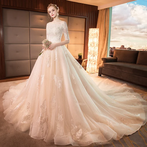 Luxury / Gorgeous Champagne Wedding Dresses 2019 A-Line / Princess Square Neckline 1/2 Sleeves Backless Appliques Lace Beading Glitter Tulle Cathedral Train Ruffle