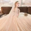 Luxury / Gorgeous Champagne Wedding Dresses 2019 A-Line / Princess Square Neckline 1/2 Sleeves Backless Appliques Lace Beading Glitter Tulle Cathedral Train Ruffle