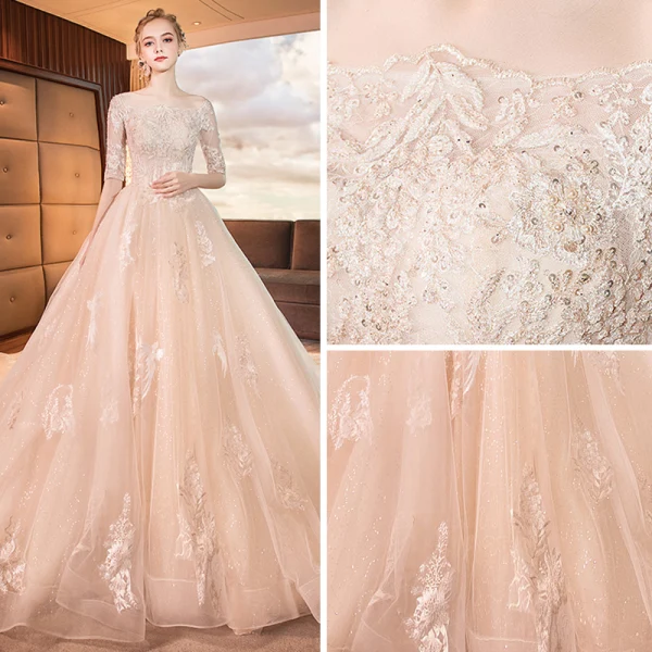 Luxury / Gorgeous Champagne Wedding Dresses 2019 A-Line / Princess Square Neckline 1/2 Sleeves Backless Appliques Lace Beading Glitter Tulle Cathedral Train Ruffle