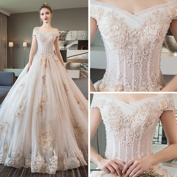 Luxe Ivoire Robe De Mariée 2019 Princesse De l'épaule Manches Courtes Dos Nu Appliques En Dentelle Perlage Cathedral Train Volants