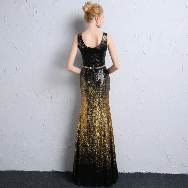 Sparkly Black Gold Sequins Evening Dresses 2018 Trumpet / Mermaid Scoop Neck Sleeveless Metal Sash Floor-Length / Long Backless Formal Dresses