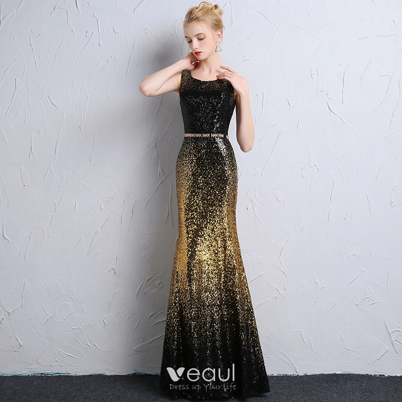 black and gold sequin prom dress Unique Gold Sequin Black Organza Trumpet Prom Dress main image 1