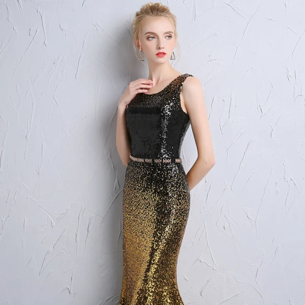 Sparkly Black Gold Sequins Evening Dresses 2018 Trumpet / Mermaid Scoop Neck Sleeveless Metal Sash Floor-Length / Sparkly Black Gold Sequins Evening Dresses 2018 Trumpet / Mermaid Scoop Neck Sleeveless Metal Sash Floor-Length /