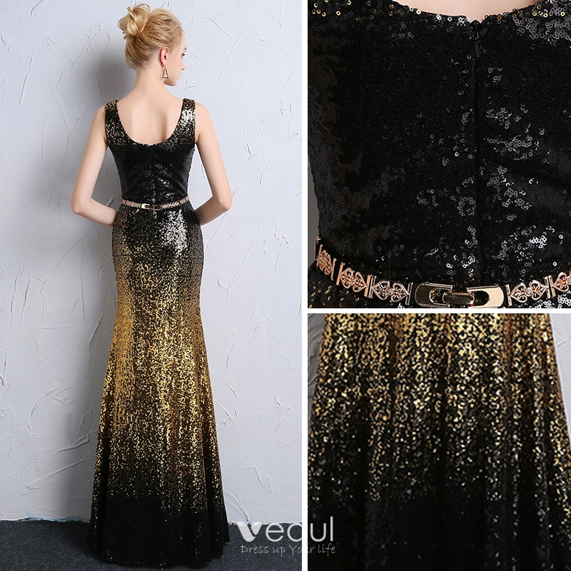 Sparkly Black Gold Sequins Evening Dresses 2018 Trumpet / Mermaid Scoop Neck Sleeveless Metal Sash Floor-Length / Long Backless Formal Dresses Sparkly Black Gold Sequins Evening Dresses 2018 Trumpet / Mermaid Scoop Neck Sleeveless Metal Sash Floor-Length / Long Backless Formal Dresses