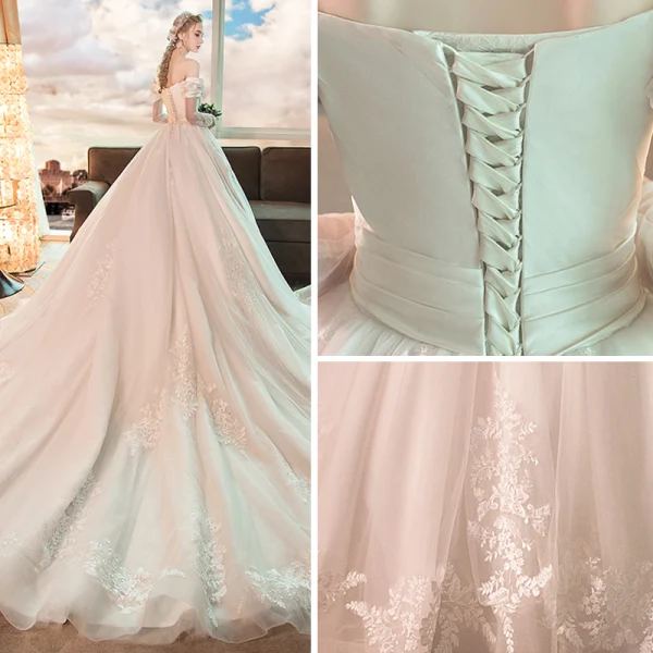 Meilleur Ivoire Transparentes Robe De Mariée 2019 Princesse De l'épaule Manches Longues Dos Nu Appliques En Dentelle Cathedral Train Volants