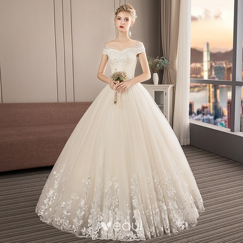 sachin and babi light blue dress Audrey Hepburn Style Vintage / Retro Champagne Wedding Dresses 2019 A-Line  / Princess Off-The-Shoulder Short Sleeve Backless Appliques Lace Beading  Floor-Length / Long Ruffle