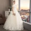 Audrey Hepburn Style Vintage / Retro Champagne Wedding Dresses 2019 A-Line / Princess Off-The-Shoulder Short Sleeve Backless Appliques Lace Beading Floor-Length / Long Ruffle