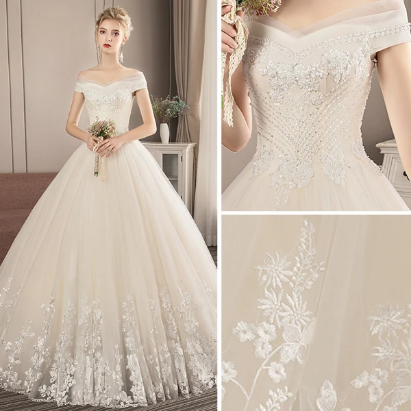 Audrey Hepburn Style Vintage / Retro Champagne Wedding Dresses 2019 A-Line / Princess Off-The-Shoulder Short Sleeve Backless Appliques Lace Beading Floor-Length / Long Ruffle