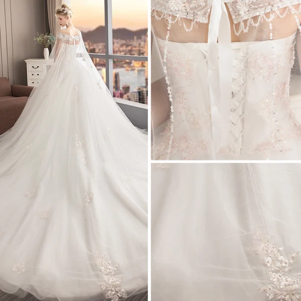 Elegant Elfenben Brudekjoler 2019 Prinsesse Kjæreste Uten Ermer Ryggløse Appliques Blonder Beading Watteau Train Buste