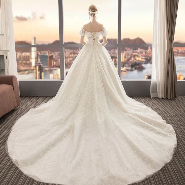 Chic / Beautiful Champagne Wedding Dresses 2019 A-Line / Princess Off-The-Shoulder Short Sleeve Backless Appliques Lace Glitter Tulle Cathedral Train Ruffle