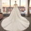 Chic / Beautiful Champagne Wedding Dresses 2019 A-Line / Princess Off-The-Shoulder Short Sleeve Backless Appliques Lace Glitter Tulle Cathedral Train Ruffle