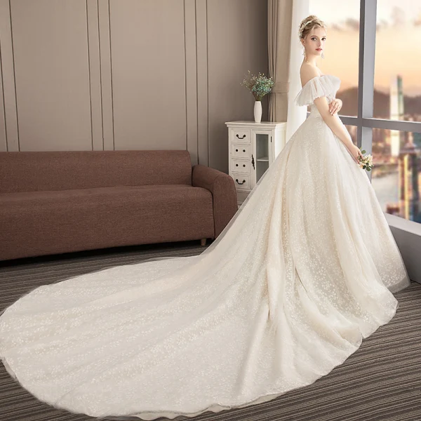 Chic / Beautiful Champagne Wedding Dresses 2019 A-Line / Princess Off-The-Shoulder Short Sleeve Backless Appliques Lace Glitter Tulle Cathedral Train Ruffle