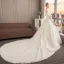 Chic / Beautiful Champagne Wedding Dresses 2019 A-Line / Princess Off-The-Shoulder Short Sleeve Backless Appliques Lace Glitter Tulle Cathedral Train Ruffle