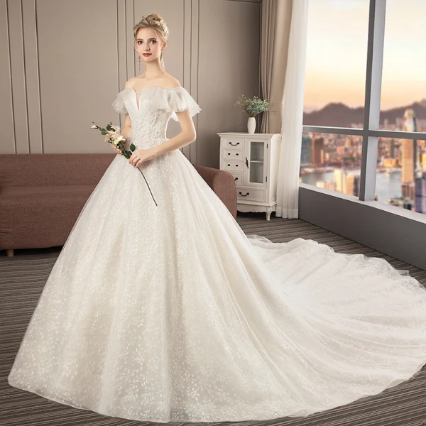 Chic / Beautiful Champagne Wedding Dresses 2019 A-Line / Princess Off-The-Shoulder Short Sleeve Backless Appliques Lace Glitter Tulle Cathedral Train Ruffle