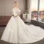 Chic / Beautiful Champagne Wedding Dresses 2019 A-Line / Princess Off-The-Shoulder Short Sleeve Backless Appliques Lace Glitter Tulle Cathedral Train Ruffle