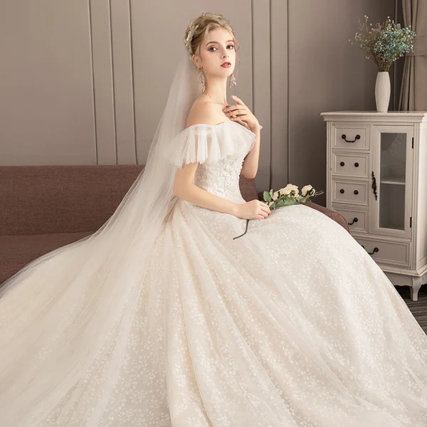 Chic / Beautiful Champagne Wedding Dresses 2019 A-Line / Princess Off-The-Shoulder Short Sleeve Backless Appliques Lace Glitter Tulle Cathedral Train Ruffle