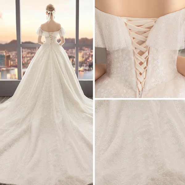 Chic / Beautiful Champagne Wedding Dresses 2019 A-Line / Princess Off-The-Shoulder Short Sleeve Backless Appliques Lace Glitter Tulle Cathedral Train Ruffle
