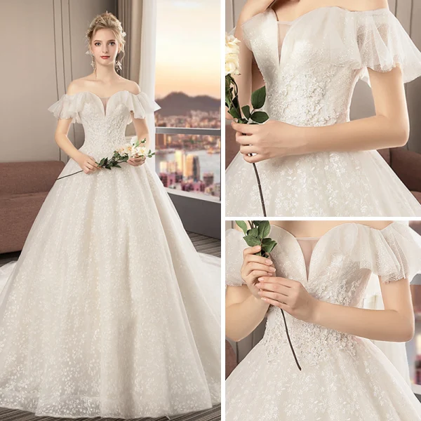 Chic / Beautiful Champagne Wedding Dresses 2019 A-Line / Princess Off-The-Shoulder Short Sleeve Backless Appliques Lace Glitter Tulle Cathedral Train Ruffle