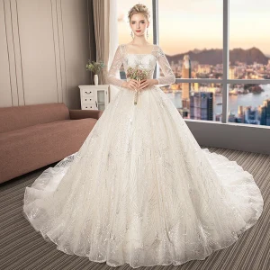 Bling Bling Champagne Transparentes Robe De Mariée 2019 Princesse Encolure Carrée Manches Longues Dos Nu Glitter Tulle Cathedral Train Volants