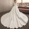 Modest / Simple Ivory Satin Wedding Dresses 2019 A-Line / Princess Off-The-Shoulder Short Sleeve Cathedral Train Ruffle
