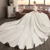 Modest / Simple Ivory Satin Wedding Dresses 2019 A-Line / Princess Off-The-Shoulder Short Sleeve Cathedral Train Ruffle
