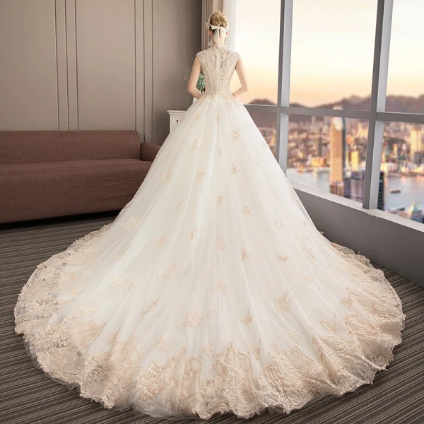 Chinesischer Stil Champagner Brautkleider / Hochzeitskleider 2019 A Linie Stehkragen Ärmellos Applikationen Spitze Pailletten Perlenstickerei Kathedrale Schleppe Rüschen