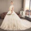 Chinesischer Stil Champagner Brautkleider / Hochzeitskleider 2019 A Linie Stehkragen Ärmellos Applikationen Spitze Pailletten Perlenstickerei Kathedrale Schleppe Rüschen
