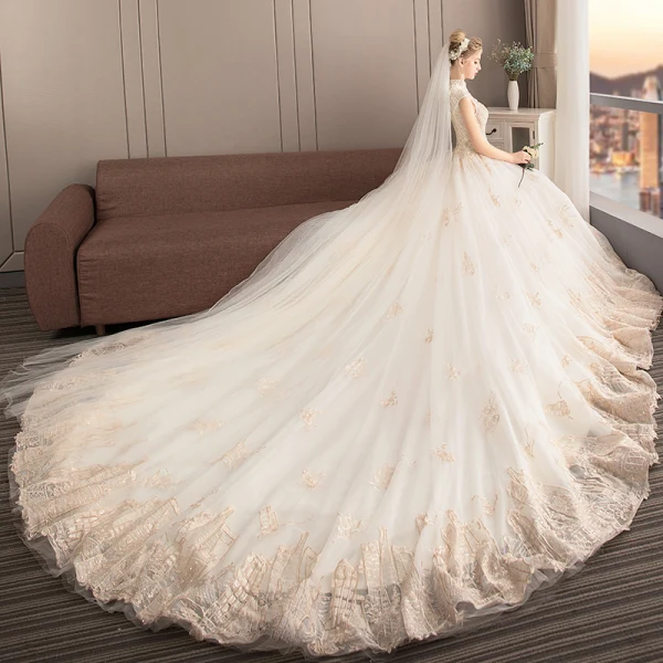 Chinesischer Stil Champagner Brautkleider / Hochzeitskleider 2019 A Linie Stehkragen Ärmellos Applikationen Spitze Pailletten Perlenstickerei Kathedrale Schleppe Rüschen