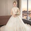 Chinesischer Stil Champagner Brautkleider / Hochzeitskleider 2019 A Linie Stehkragen Ärmellos Applikationen Spitze Pailletten Perlenstickerei Kathedrale Schleppe Rüschen