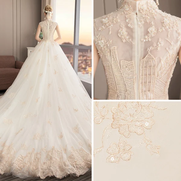 Chinesischer Stil Champagner Brautkleider / Hochzeitskleider 2019 A Linie Stehkragen Ärmellos Applikationen Spitze Pailletten Perlenstickerei Kathedrale Schleppe Rüschen