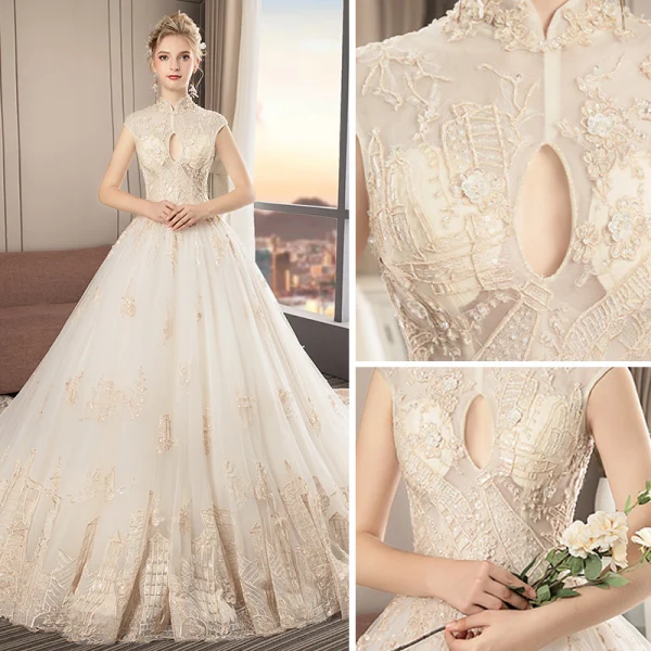 Chinesischer Stil Champagner Brautkleider / Hochzeitskleider 2019 A Linie Stehkragen Ärmellos Applikationen Spitze Pailletten Perlenstickerei Kathedrale Schleppe Rüschen