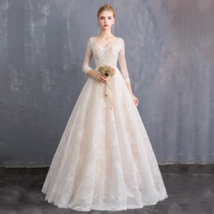 Bling Bling Champagne Bröllopsklänningar 2019 Prinsessa V Hals 3 4 Ärm Halterneck Appliqués Spets Beading Skärp Glittriga Glitter Tyll Långa Ruffle